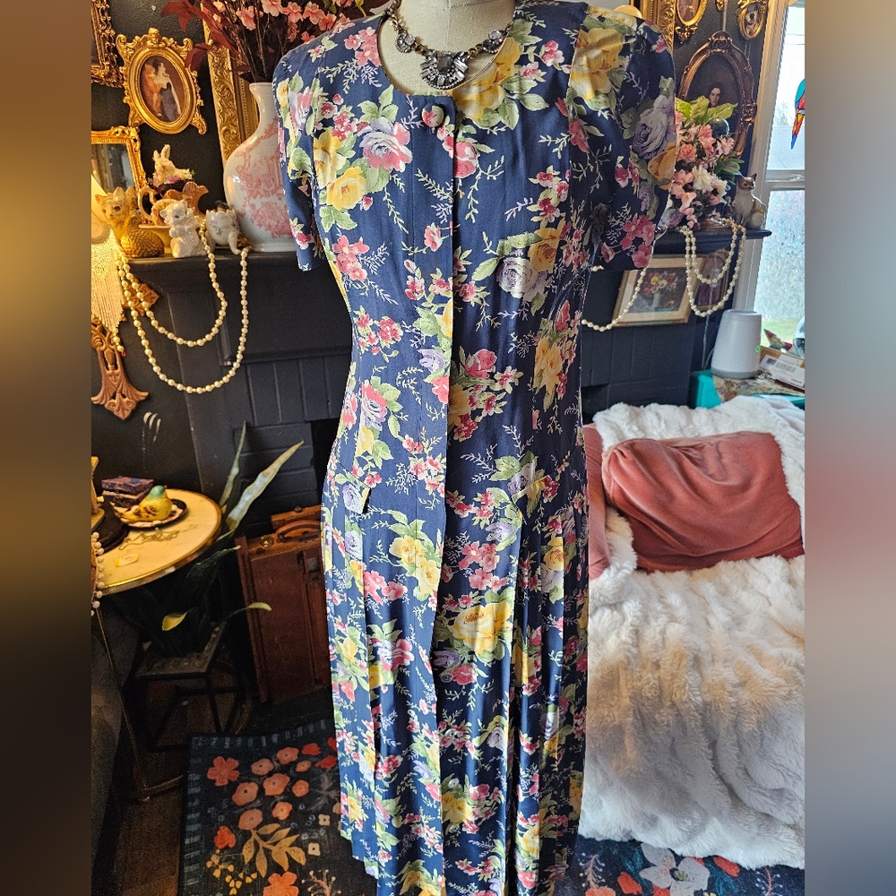 Vintage floral navy midi button-up dress size 8